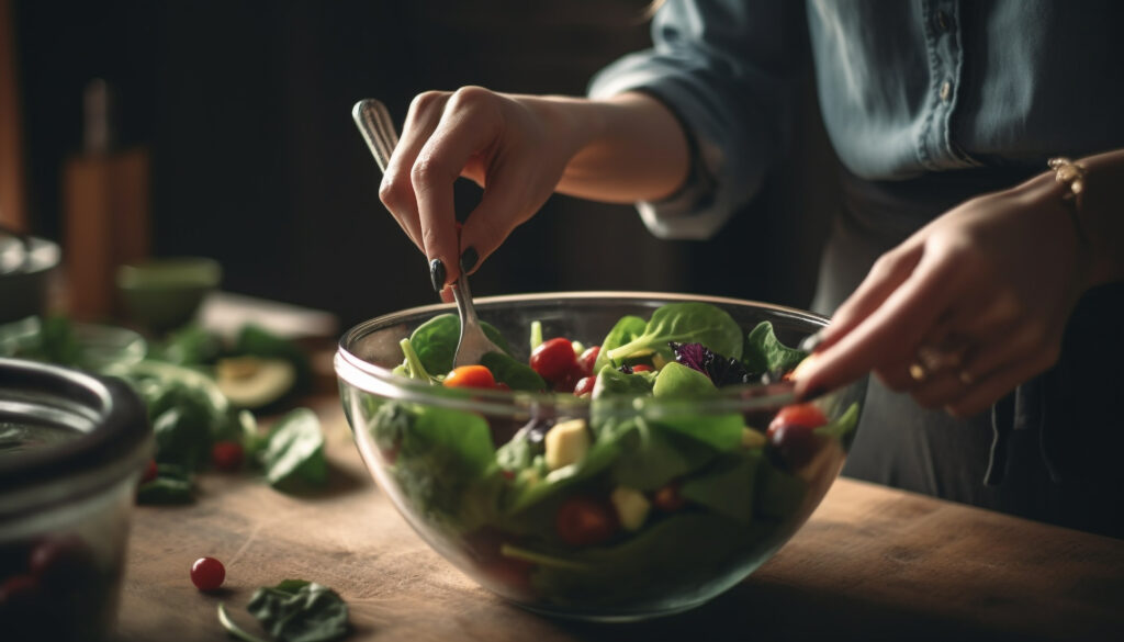 A fresh vegetarian salad bowl, prepared with organic ingredients indoors generated by AI